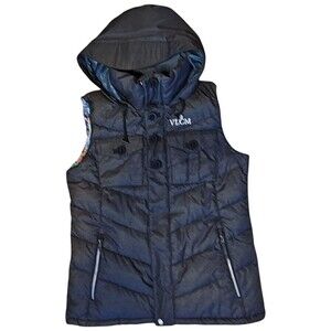 Volcom Down Puffer Vest Women's Large‎ Hooded Sleeveless Printed Lining Black